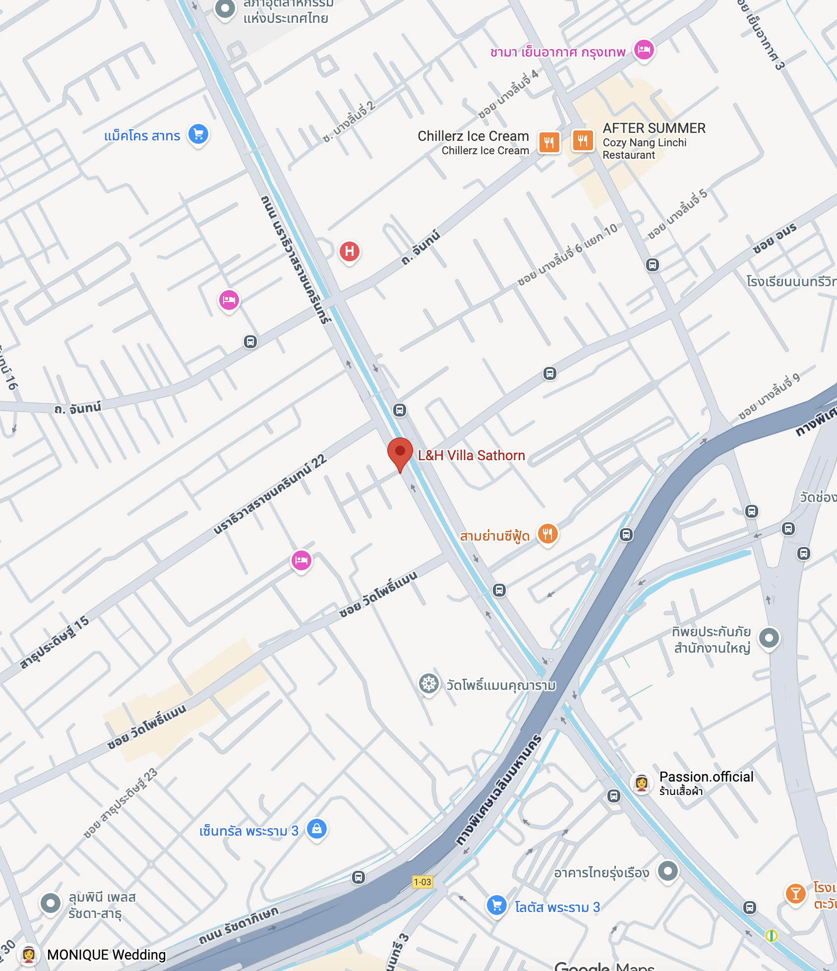 แผนที่ตำแหน่งโครงการ L&H Villa Sathorn บนถนนนราธิวาสราชนครินทร์ และสถานที่ใกล้เคียง